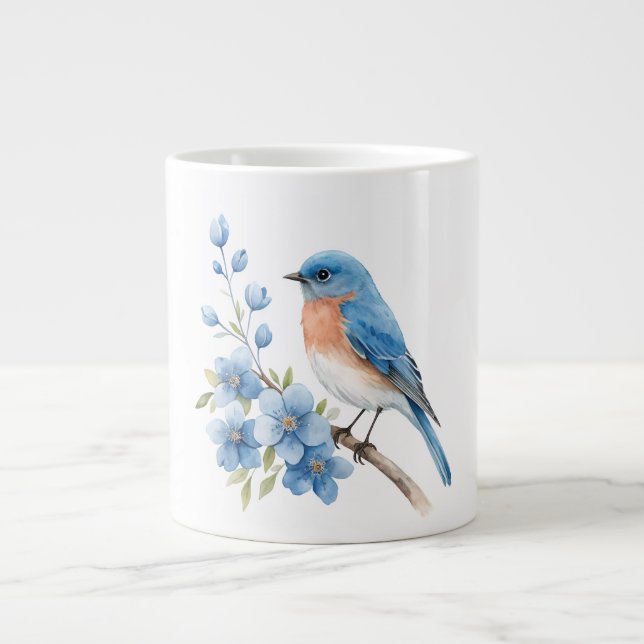 Blå fågel med blå blommor jumbo mugg (Framsidan)