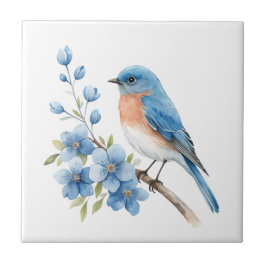 Blå fågel med blå blommor kakelplatta