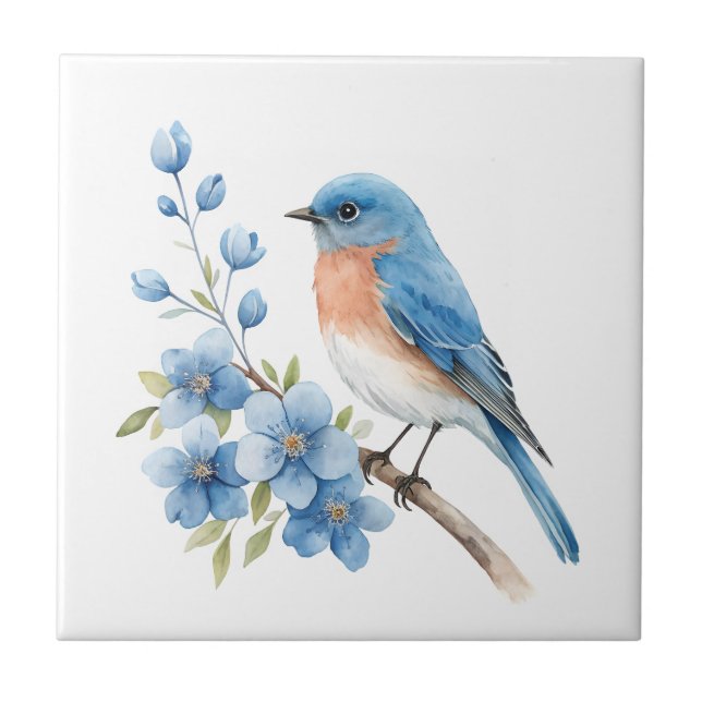 Blå fågel med blå blommor kakelplatta (Framsidan)