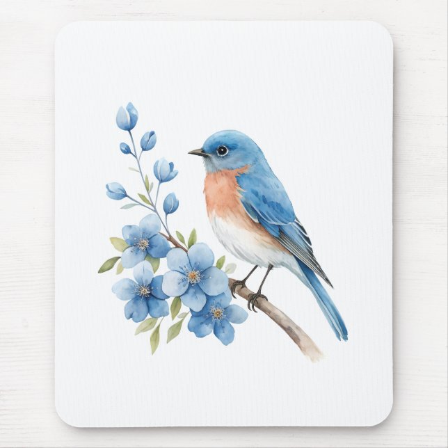 Blå fågel med blå blommor musmatta (Framsidan)