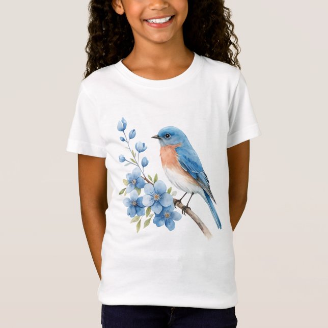 Blå fågel med blå blommor t shirt (Framsida)