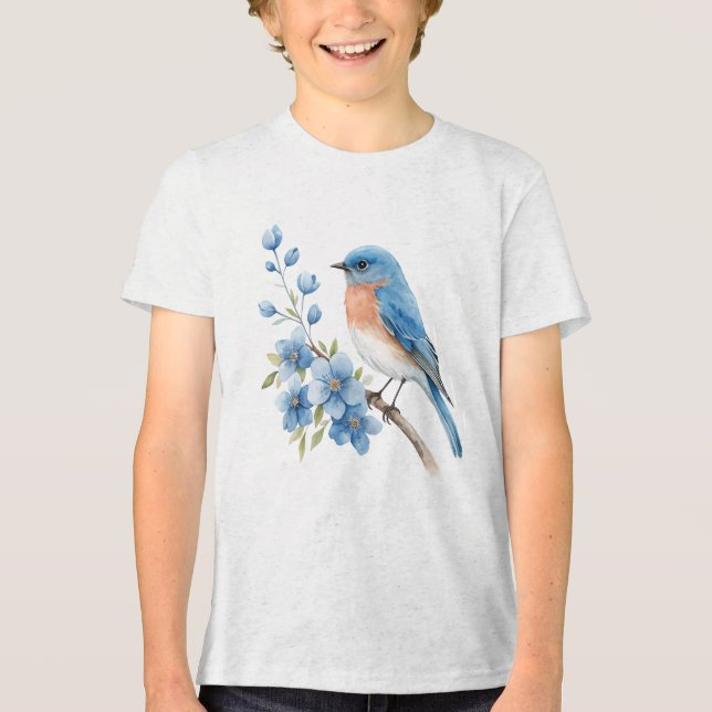 Blå fågel med blå blommor t shirt (Framsida)