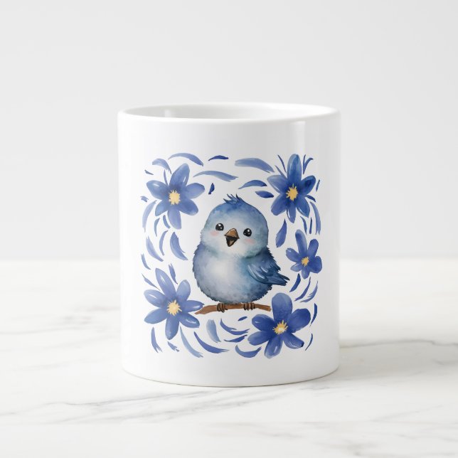 Blå Fågel med blommor Jumbo Mugg (Framsidan)