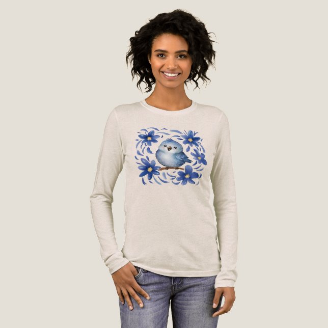 Blå Fågel med blommor T Shirt (Hel framsida)