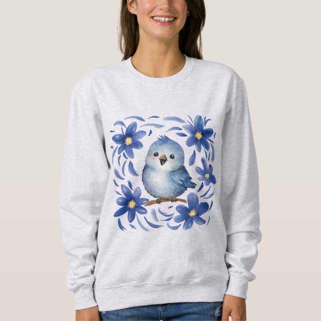 Blå Fågel med blommor T Shirt (Framsida)