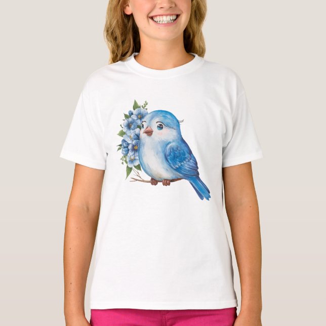 Blå fågel med blommor t shirt (Framsida)