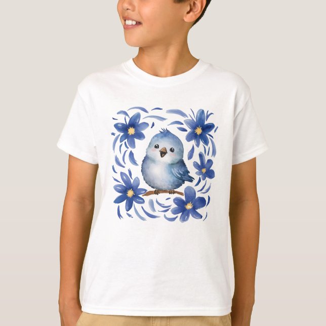 Blå Fågel med blommor T Shirt (Framsida)