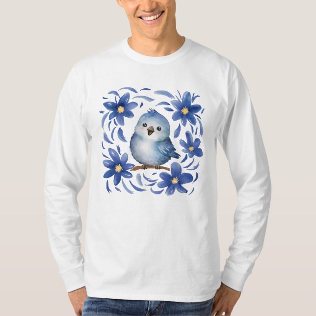 Blå fågel med blommor t shirt (Framsida)