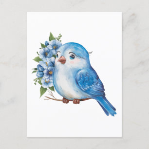 Blå Fågel med Blommor Vykort