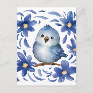 Blå Fågel med blommor Vykort