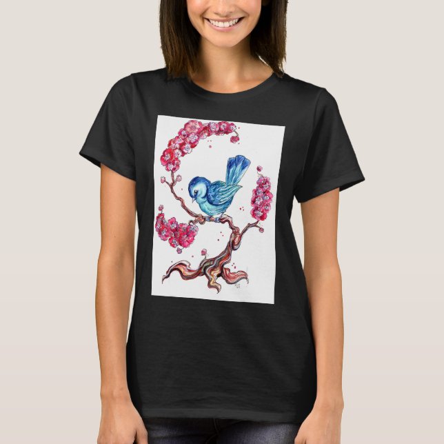 Blå Fågel Med Körsbärsblommor T Shirt (Framsida)