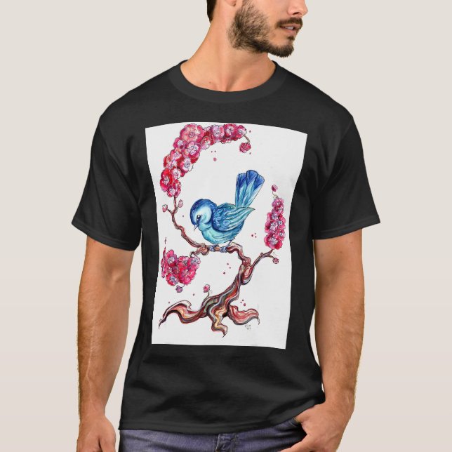 Blå Fågel Med Körsbärsblommor T Shirt (Framsida)