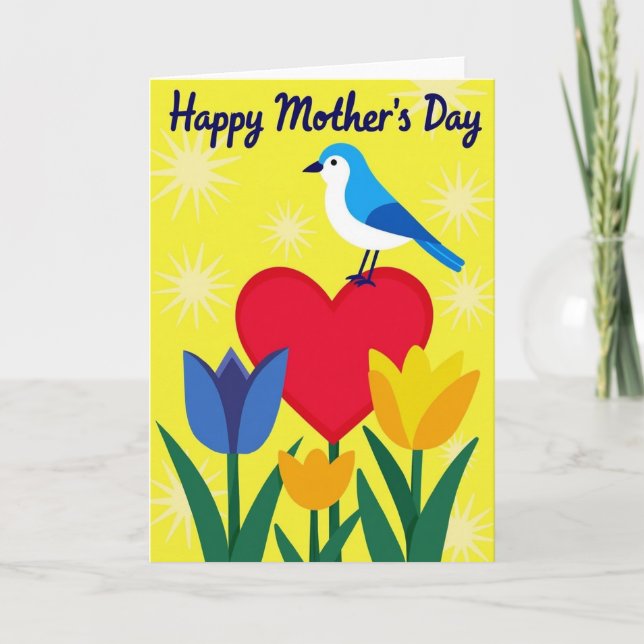 Blå fågel Mors dag Blommig konstkort Kort (Framsida)