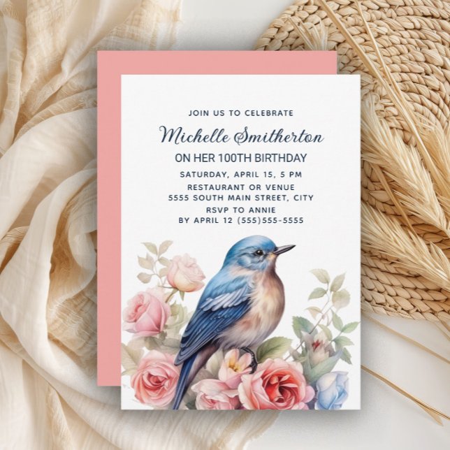 Blå Fågel Rosa Blommor 100-årsdag Inbjudningar (Blue bird and pink floral 100th birthday party invitation)