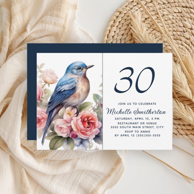 Blå Fågel Rosa Blommor 30-årsdag Inbjudningar (Blue bird and pink flowers 30th birthday party invitation)