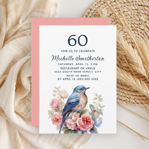 Blå Fågel Rosa Blommor 60-årsdag Inbjudningar