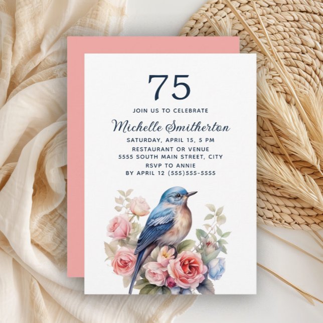 Blå Fågel Rosa Blommor 75-årsdag Inbjudningar (Blue bird and pink floral 75th birthday invitation)