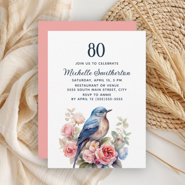 Blå Fågel Rosa Blommor 80-årsdag Inbjudningar (Blue bird and pink floral 80th birthday invitation)