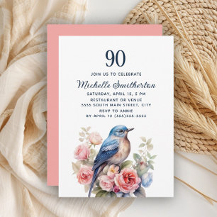 Blå Fågel Rosa Blommor 90-årsdag Inbjudningar