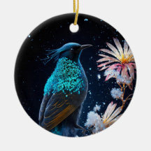 Blå Fågel Snö Blommor God Jul