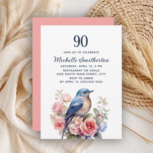 Blå fågelblommor 90:e Rosan Inbjudningar (Blue bird and pink floral 90th birthday invitation)
