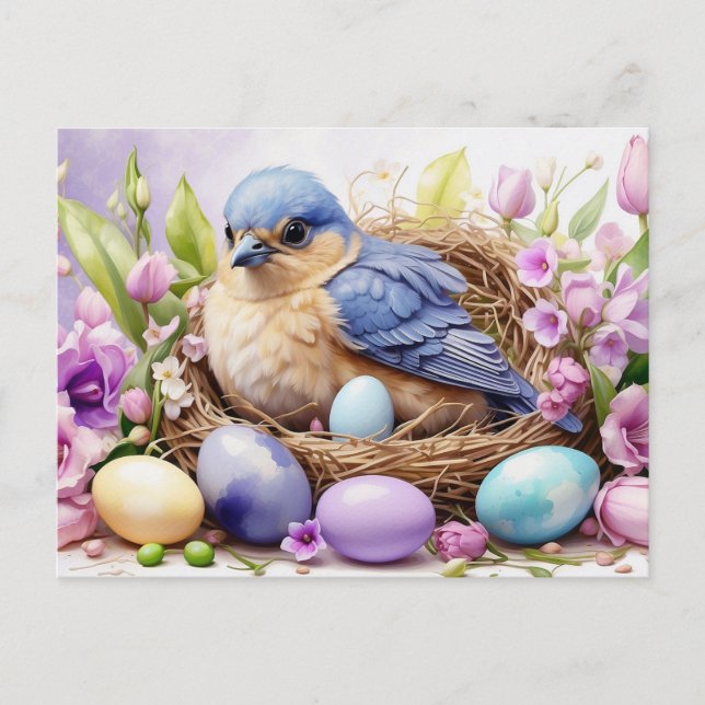 Blå Fågelbo och Påskägg, Blommor  Helg Vykort (Framsida)