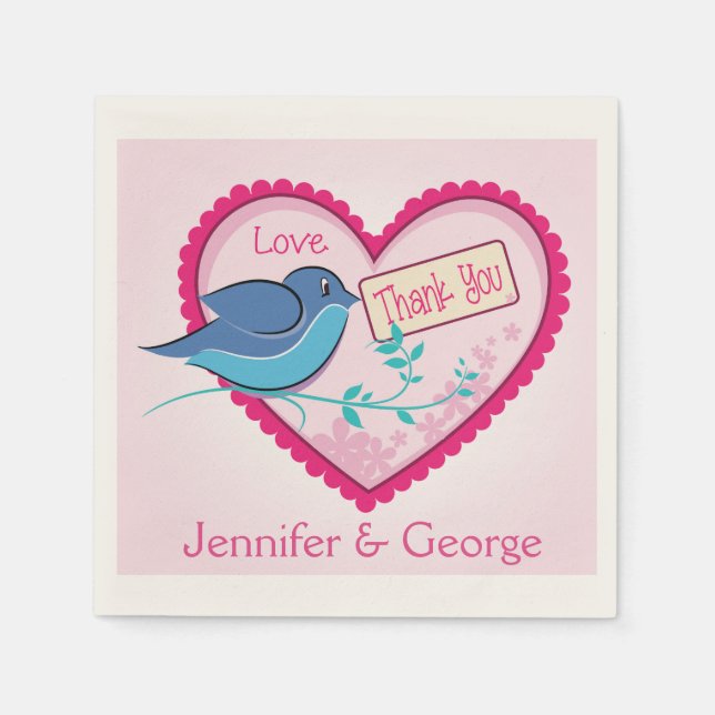 Blå fågelhaltig Rosa Tack Blommigt Heart Napkins Pappersservett (Framsidan)