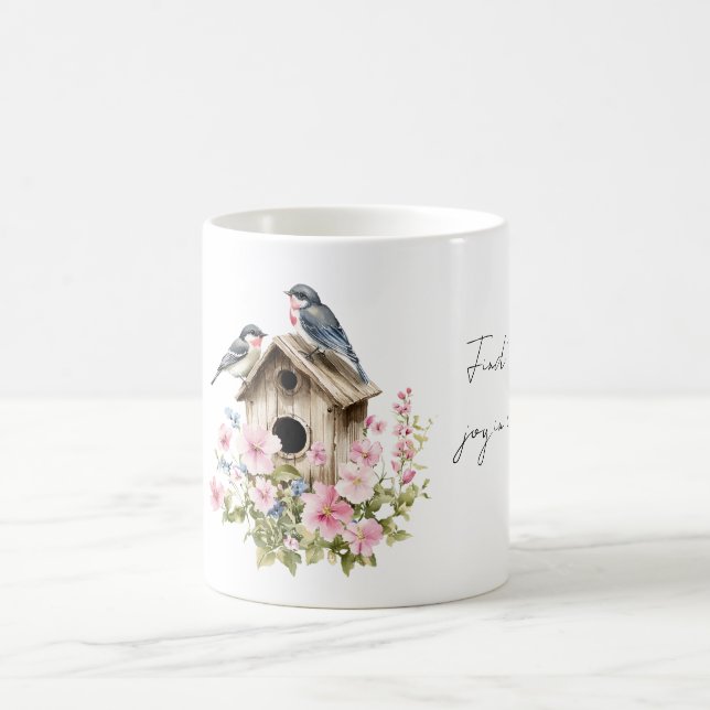 Blå Fåglar Fågelhus Glädje Rosa Blommig Kaffemugg (Center)
