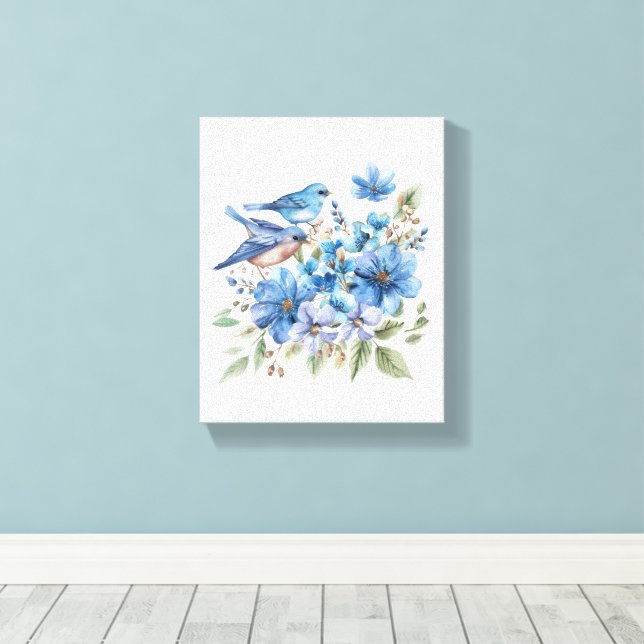 Blå fåglar och blå akvarellblommor Botaniska motiv Canvastryck (Insitu (trägolv))