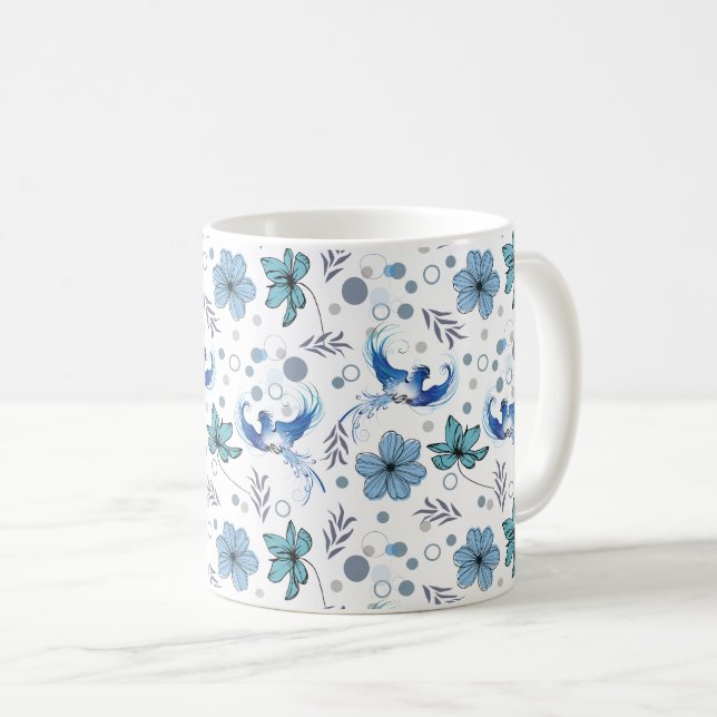 Blå Fåglar och Blommig Harmoni Sömlöst Mönster Kaffemugg (Framsida höger)