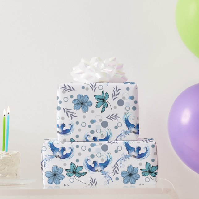 Blå Fåglar och Blommig Harmoni Sömlöst Mönster Presentpapper (Festgåvor)