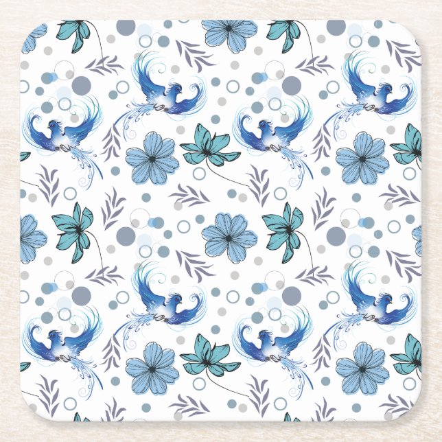 Blå Fåglar och Blommig Harmoni Sömlöst Mönster Underlägg Papper Kvadrat (Framsidan)