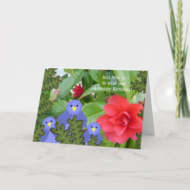 Blå Fåglar och Blommor Födelsedags Kort (Framsida)