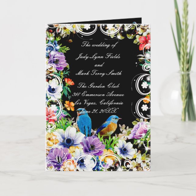 Blå Fåglar Och Botaniskt Blommigt Bröllopsprogram Tack Kort (Framsida)