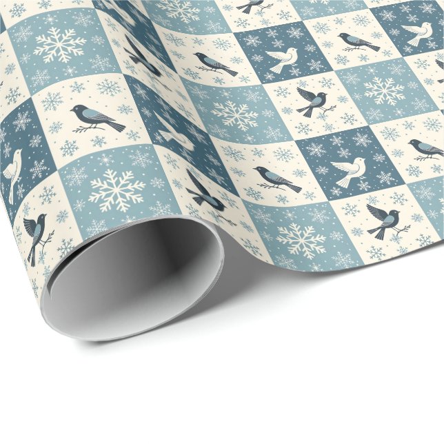Blå Fåglar och Snöflingor Jul Vinter Mönster Presentpapper (Rullad Hörn)