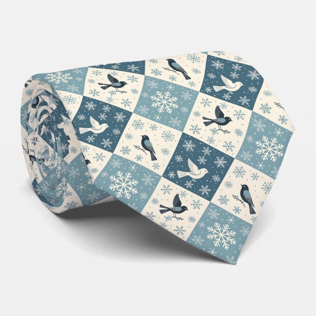 Blå Fåglar och Snöflingor Jul Vinter Mönster Slips (Rullad)