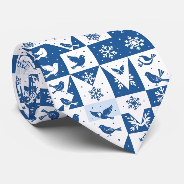 Blå Fåglar och Snöflingor Jul Vinter Mönster Slips (Rullad)