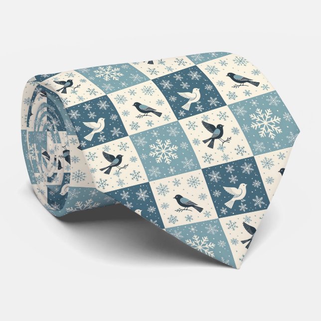 Blå Fåglar och Snöflingor Jul Vinter Mönster Slips (Rullad)