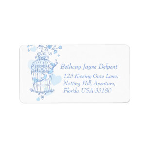 Blå fåglar öppen bur bröllop returadress adressetikett