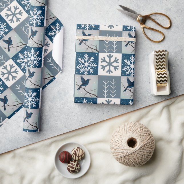 Blå Fåglar & Snöflingor Jul Vinter Mönster Presentpapper (Hantverk)