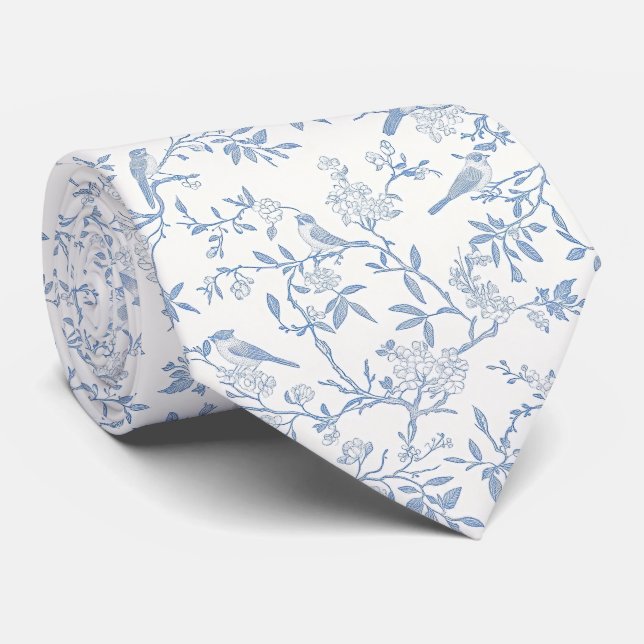Blå fåglar toile de jouy slips (Rullad)