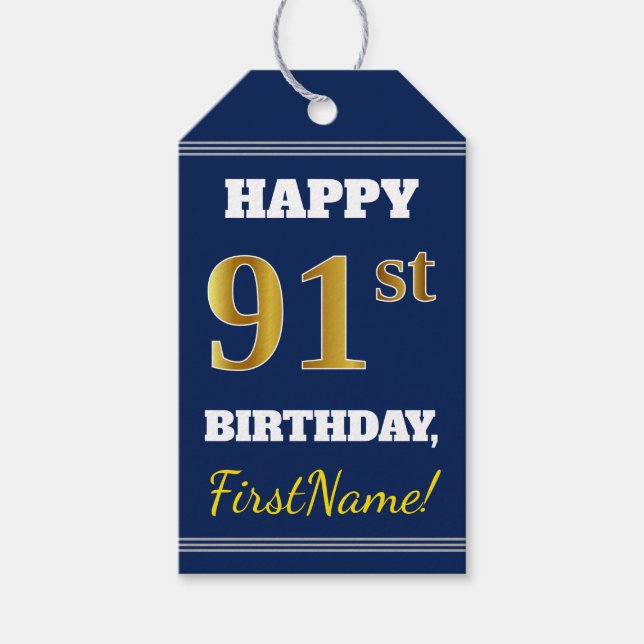 Blå, Falsk Guld 91-årsdag + Anpassat Namn Presentetikett (Framsidan)