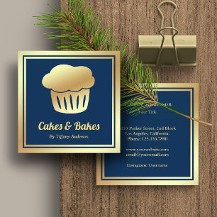 Blå Falsk Guld Folie Hemmagjord Cupcake Bageri Fyrkantigt Visitkort