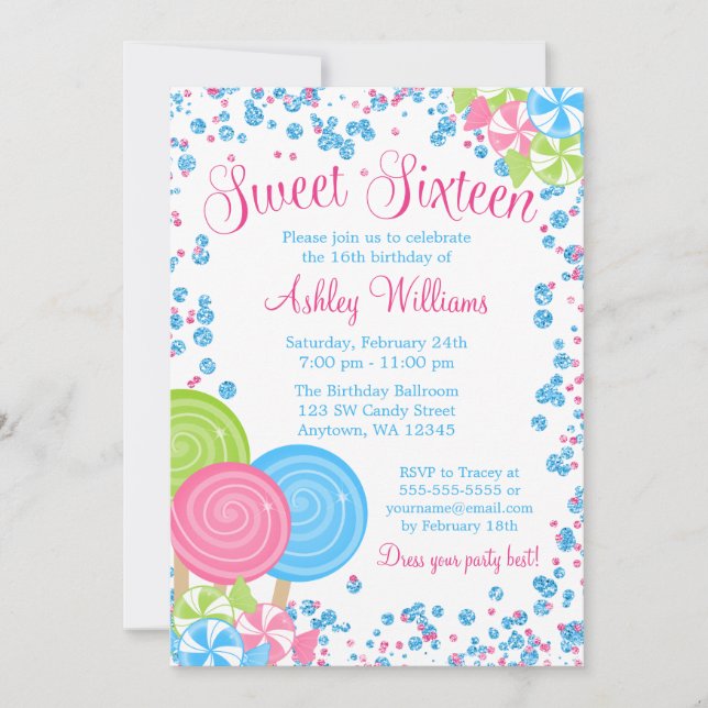 Blå Falskt Glitter Godis Tema Sweet 16 Inbjudningar (Framsida)