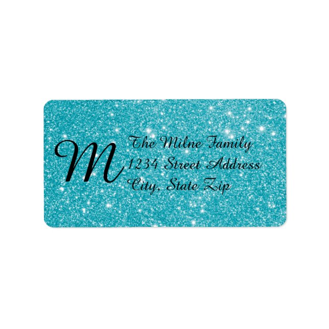 Blå Falskt Glitter Monogram Adressetiketter (Framsidan)