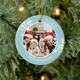 Blå familj jul foto snöflingor julgransprydnad keramik