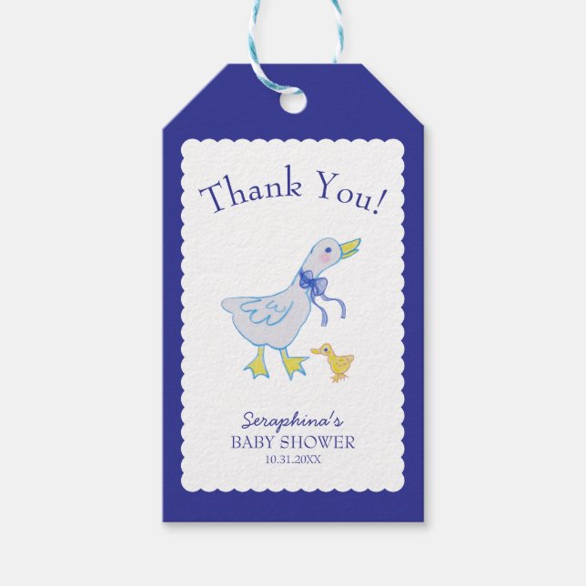 Blå Fånig Gåse Baby Shower Tack Presentetikett (Framsidan)