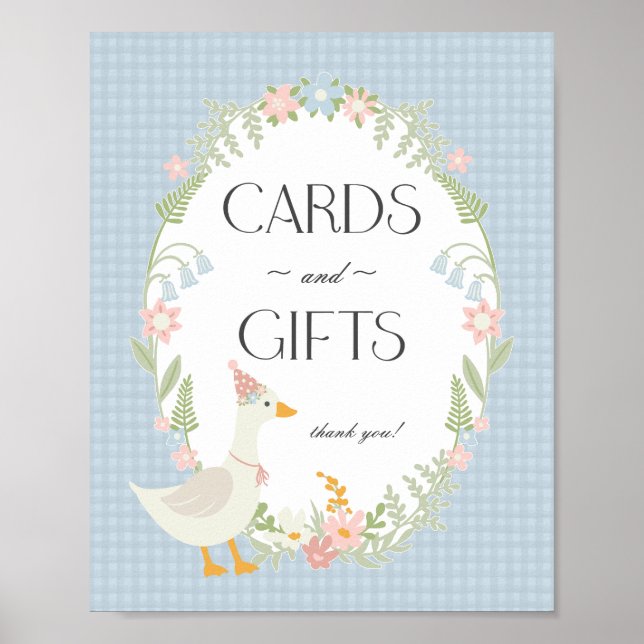 Blå Fånig Goose Blommigt Gingham Cards and Gifts Poster (Framsidan)
