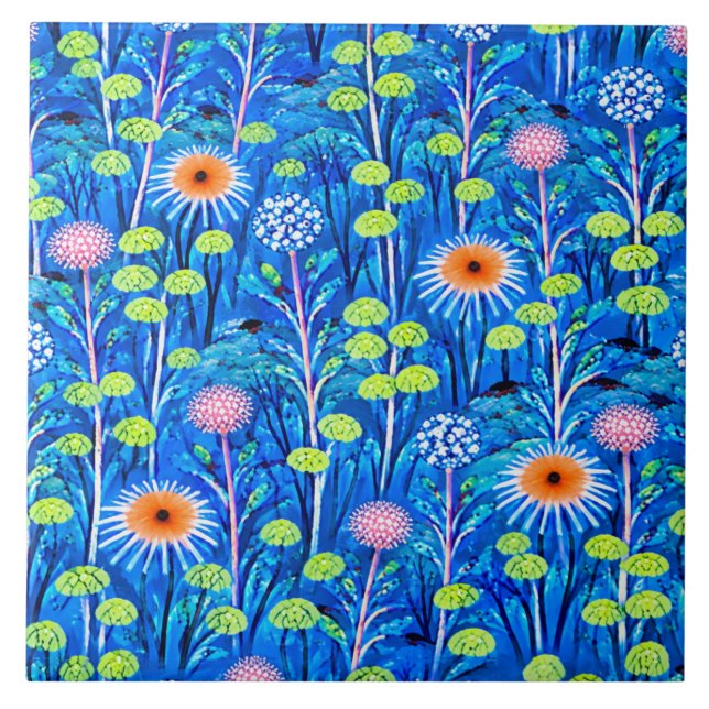 Blå Fantasi Äng med Vilda Blommor Kakelplatta (Framsidan)