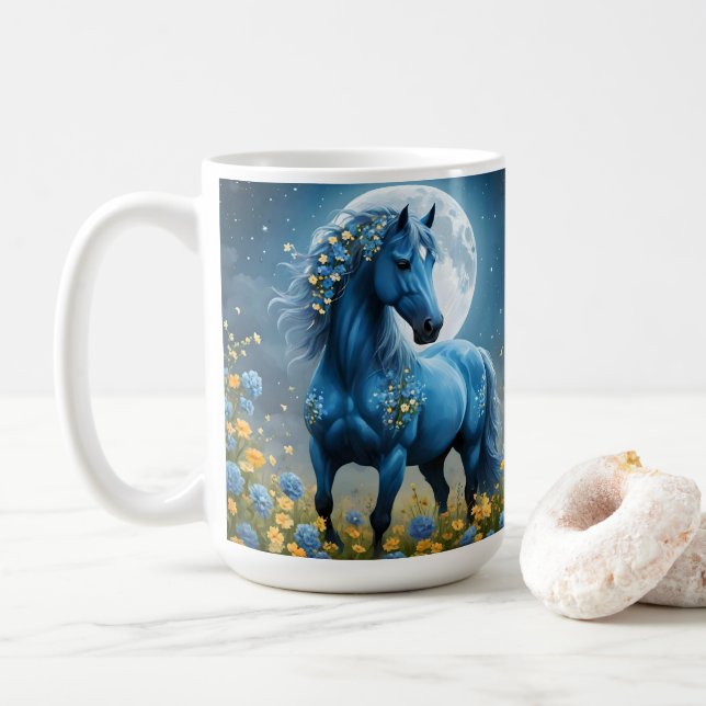 Blå Fantasi Magisk Häst Månblommor, Kaffemugg (Med munk)